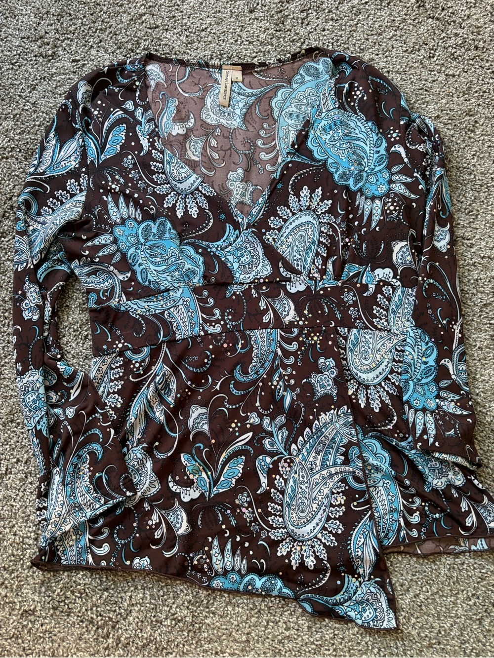 Susan Lawrence Brown Paisley V-Neck Long Sleeve Top with Blue Accents